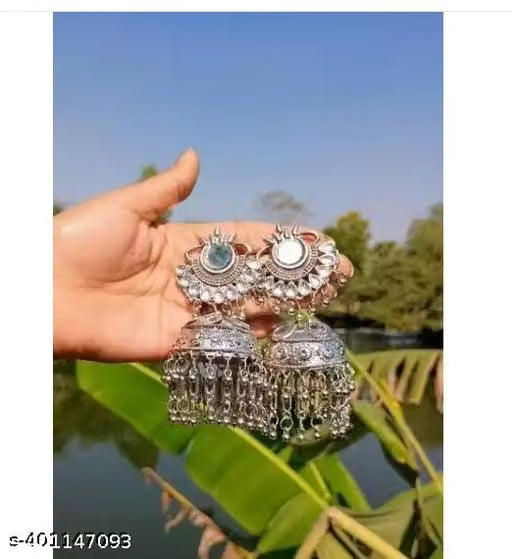 Silver Oxidised Mirror Work Jhumka Earrings