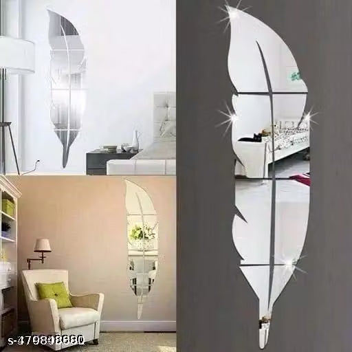 Plume Feather Silver 3D Acrylic Mirror Wall Sticker Decoration for Kids Room/Living Room/Bedroom/Office/Home Wall