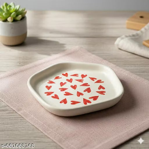 Square Ceramic Heart-Print Snack and Dessert Plate