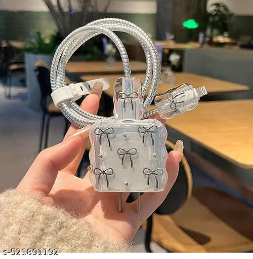 Transparent Silver Bow 3D iPhone Charger Adapter Cover