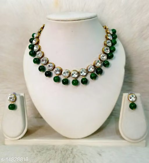 Green Kundan Necklace Set with Pearl Details