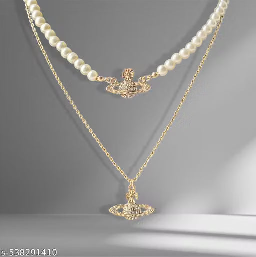 Pearl Choker and Saturn Planet Pendant Necklace Set