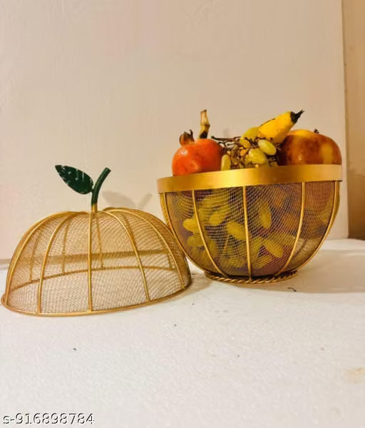Apple-Shaped Golden Metal Mesh Fruit Basket