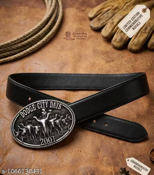 Men Black Western Belt with Antique Longhorn Buckle