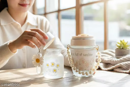Frosted Glass Daisy Water Bottle with Pearl Handle Strap
