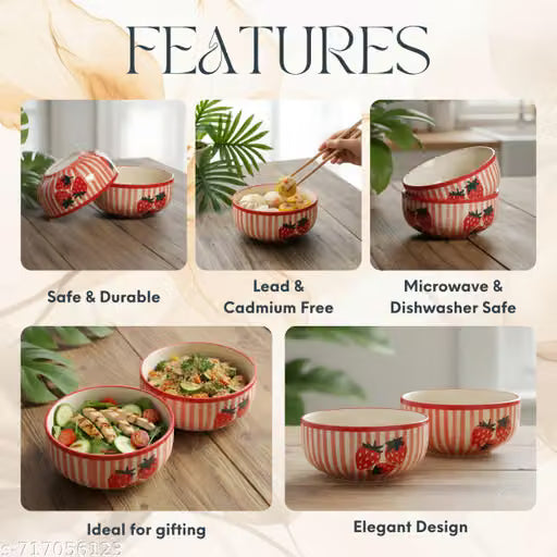 Strawberry Print Ceramic Bowls with Red Stripes, Set of 2