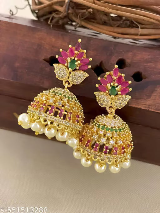 Matte Gold American Diamond Stone Jhumka Earrings