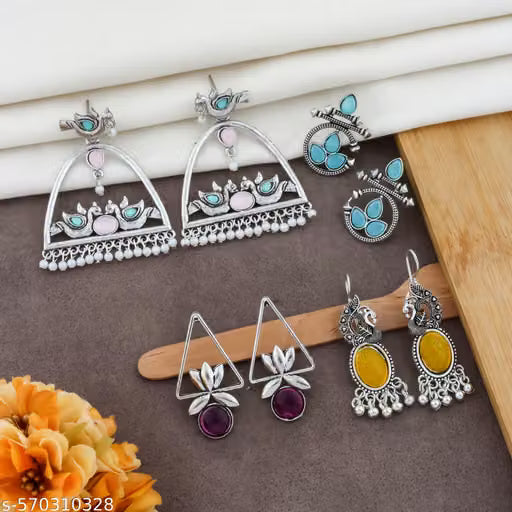 Oxidised Silver Chandelier Earrings Set of 4