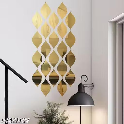 30 Pcs (Each Size - 12.8 x 8 cm) Mirror Wall Stickers Design Mirror Art Tile Decal Decoration DIY Self Adhesive Wall Line Border Acrylic Mirror for Home Living Room Bedroom Décor - (GOLD)