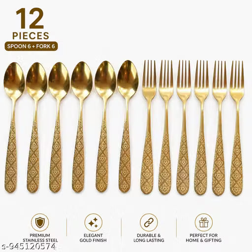 Gold-Finish Stainless Steel Spoons and Forks Cutlery Set, 12 Pieces