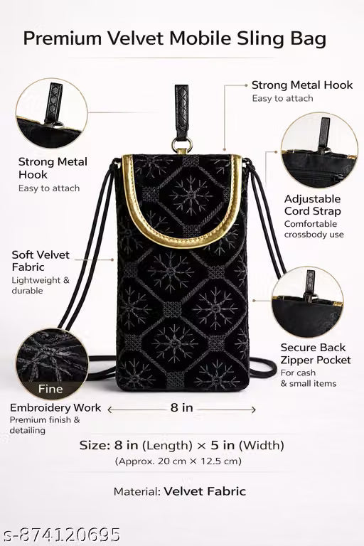 Embroidered Velvet Mobile Phone Pouch with Adjustable Strap
