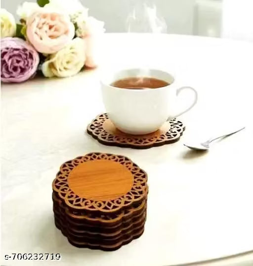 Round Laser-Cut Wooden Coasters, 6-Piece Set, 4.5 Inch