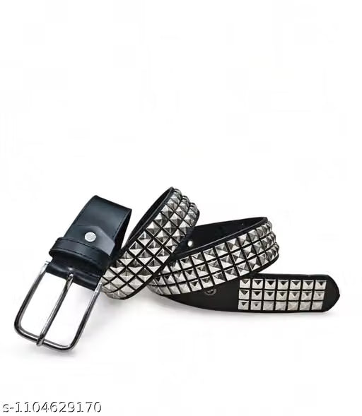 Men Black Three Row Pyramid Studded Punk Belt