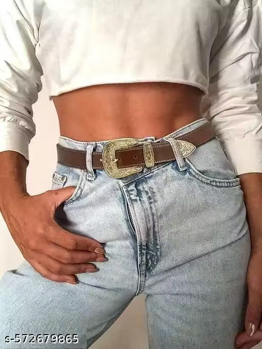 Women Tan Brown Vintage Floral Print Faux Leather Belt