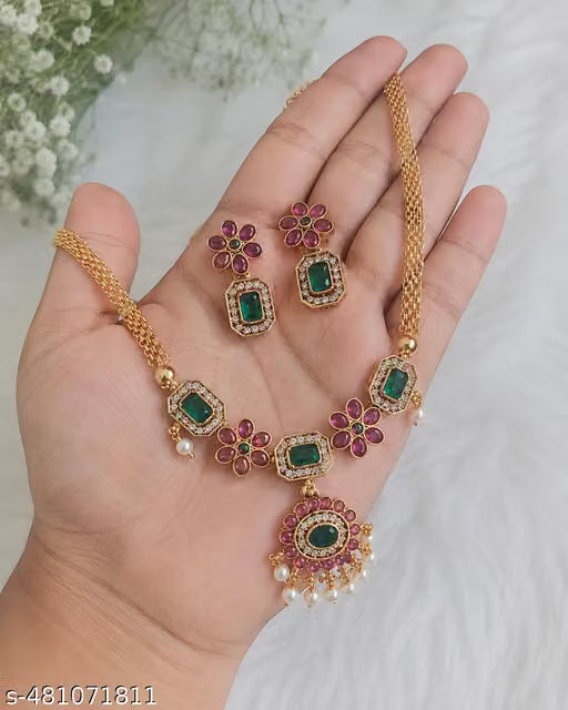 Green and Red Floral Stone Necklace with Pearl Drops