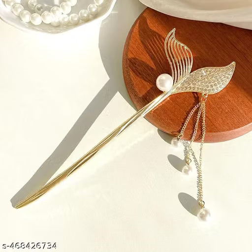Mermaid Tail Pearl Tassel Hair Stick with Rhinestones