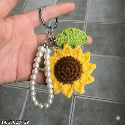 Yellow Wool Sunflower Keychain with Pearl Bead Strap