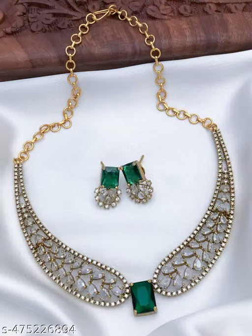 Matte Gold American Diamond Necklace and Earring Set