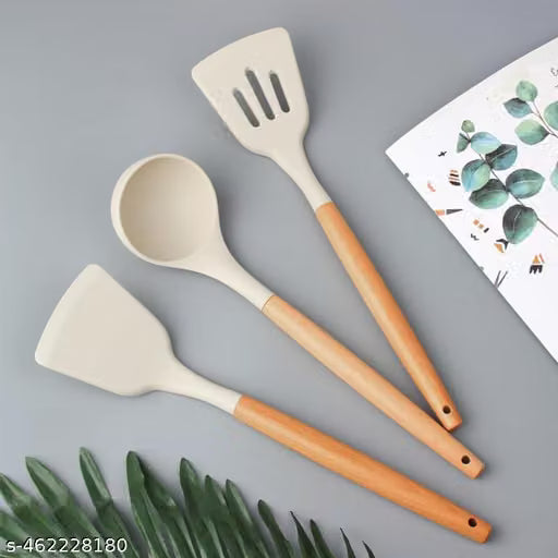 Silicone Cooking Spatula Set with Wooden Handles, 3 Pieces