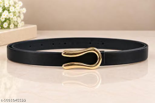 Women Black Leather Belt with Gold Rectangular Buckle