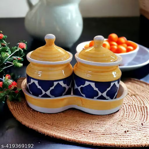 Set of 2 Mustard Ceramic Storage Jars with Tray, 200 ml