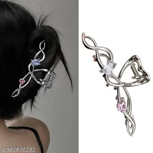 Silver Butterfly Metal Hair Claw Clip with Rhinestones