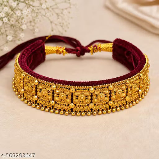 Maroon Velvet Pahadi Galoband Choker Necklace