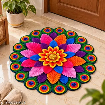 Pink Peacock Mandala Round Door Mat 25x25 Inch