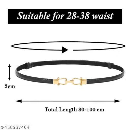 Women Black Slim Belt with Gold Horsebit Buckle