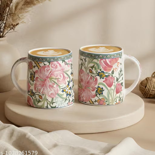 280ml Floral Ceramic Coffee Cups – Set of 2