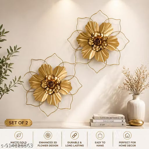 Gold Metal 3D Flower Wall Decor Set of 2