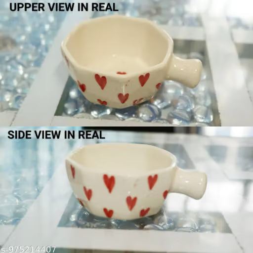 Hexagon Ceramic Chutney and Dip Bowls with Red Hearts, Set of 2