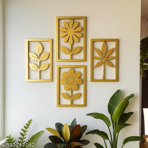 Gold CNC Wooden Flower Wall Art Set of 4