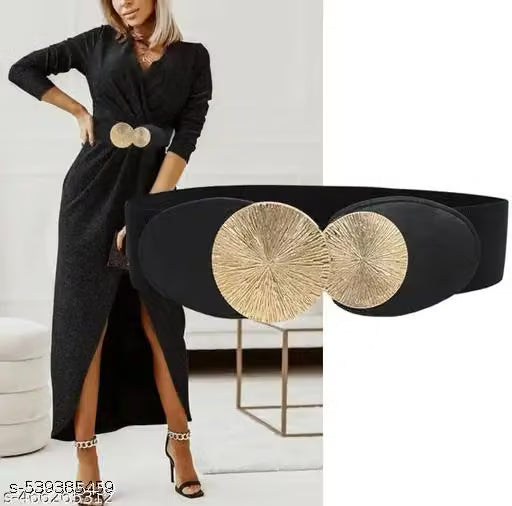 Women Black Wide Stretch Belt with Textured Round Buckle