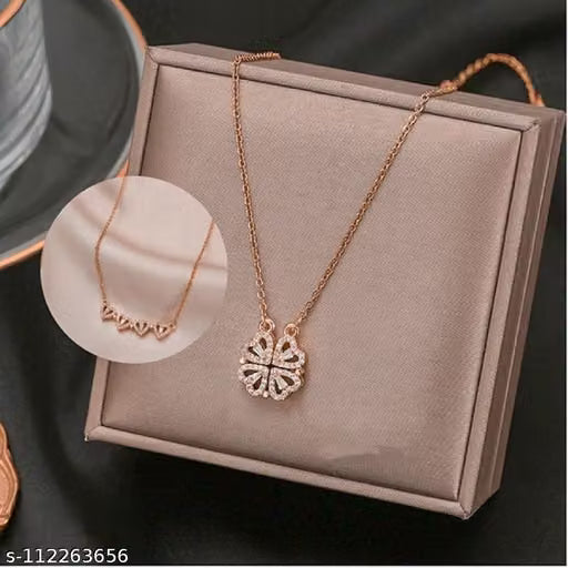 Gold Four Leaf Clover and Heart Pendant Necklace