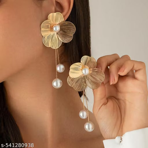 Gold Tone Four Petal Floral Pearl Drop Earrings