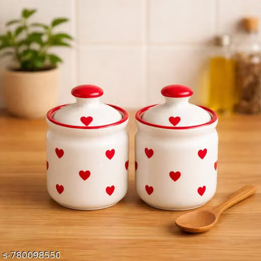 Set of 2 Heart-Print Ceramic Pickle Jars, 300 ml