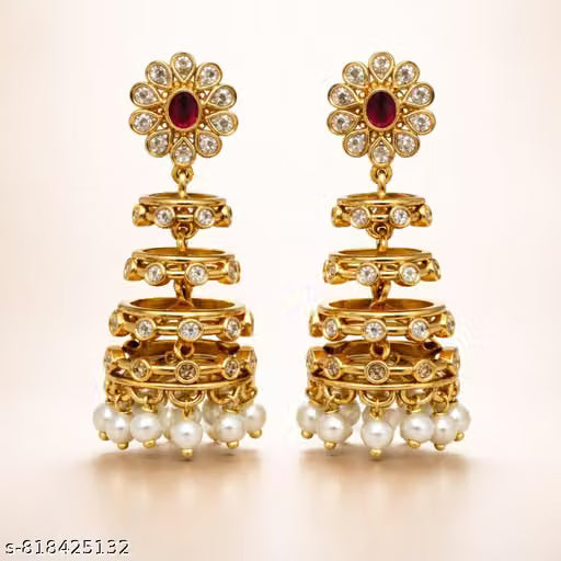 Antique Gold Ruby Pearl Layered Temple Jhumka Earrings