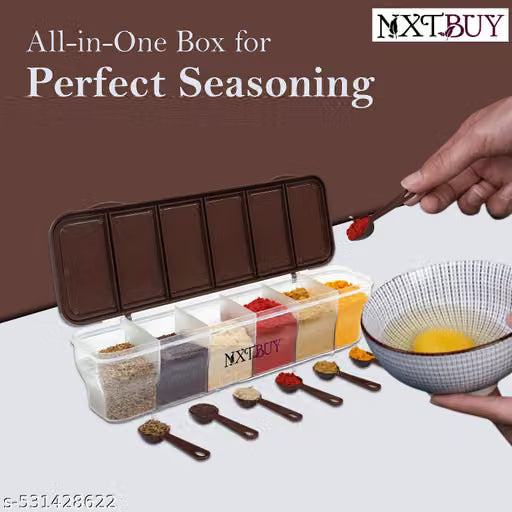 1800ml 6-Compartment Masala Box with Spoons and Clear Lid