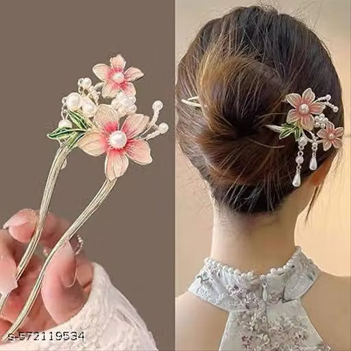 Pink Flower and Green Leaf Chinese Style U Shaped Hair Stick