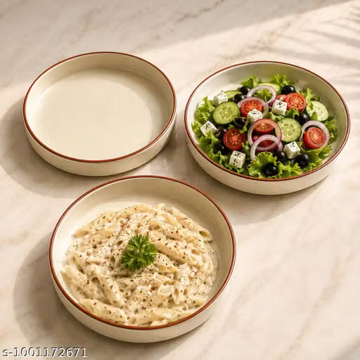 Brown-Border Ceramic Dinnerware Set with Plates and Bowls, 3 Pieces