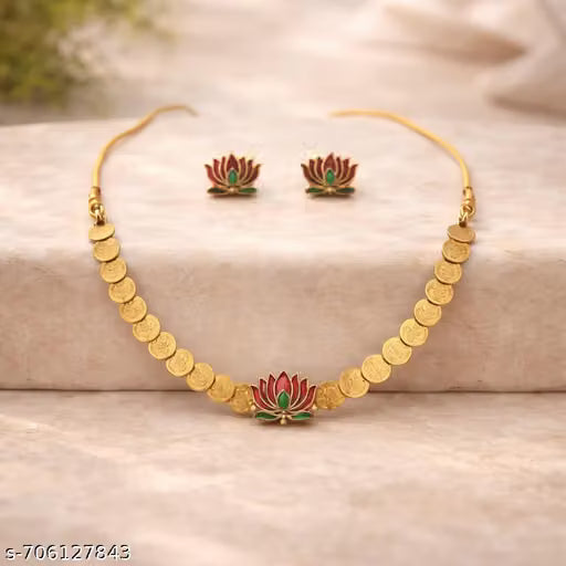 Gold Plated Lotus Coin Temple Haram Set