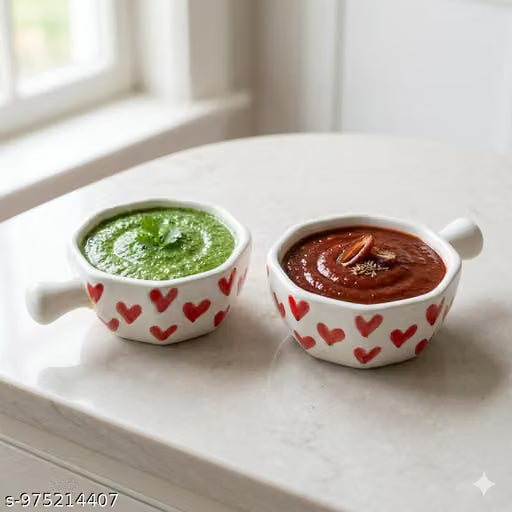 Hexagon Ceramic Chutney and Dip Bowls with Red Hearts, Set of 2