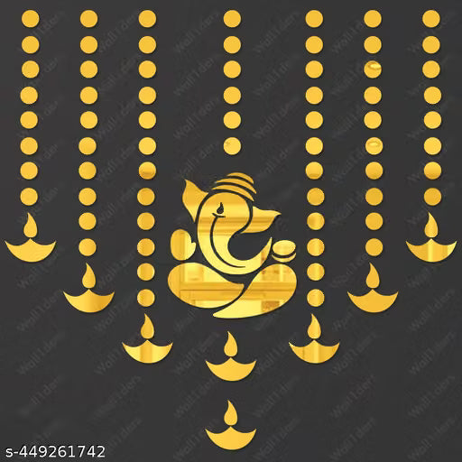Wall1ders-Ganpati Maharaj 10 Diya 100 Dot Golden Mirror Stickers for Wall, Acrylic Mirror, Wall Mirror, 3D Stickers, Wall Stickers for Room Hall Home and Office