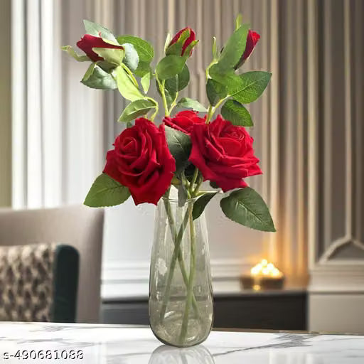 Artificial Red Rose Sticks with Buds Set of 2