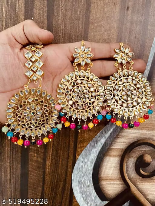 Multicolour Kundan Pearl Jhumka and Maang Tikka Set