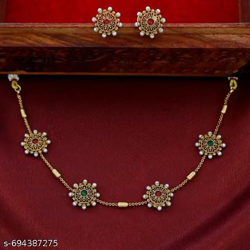 Gold Plated Coin Choker Necklace with Stone Details