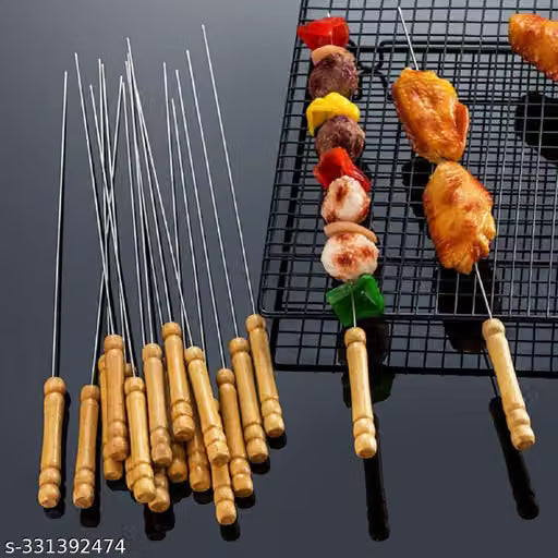 12 Inch Stainless Steel BBQ Skewers with Wooden Handles, Set of 5