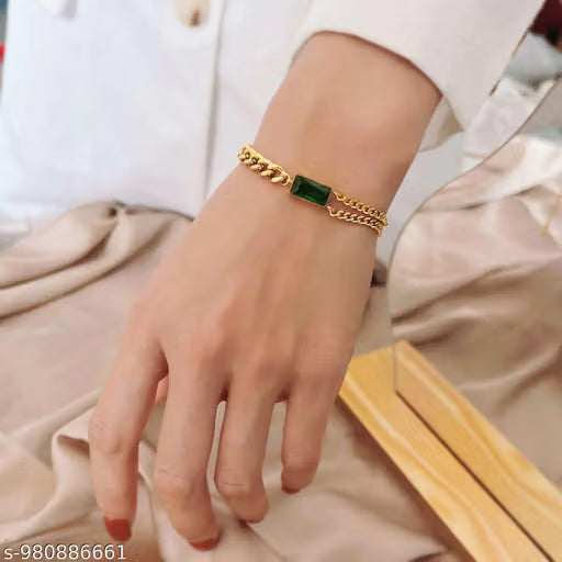 Double Chain Emerald Green Stone Bracelet