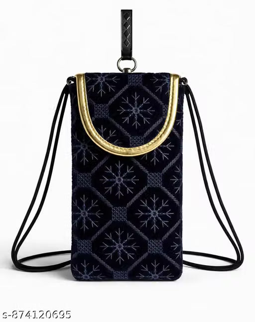 Embroidered Velvet Mobile Phone Pouch with Adjustable Strap